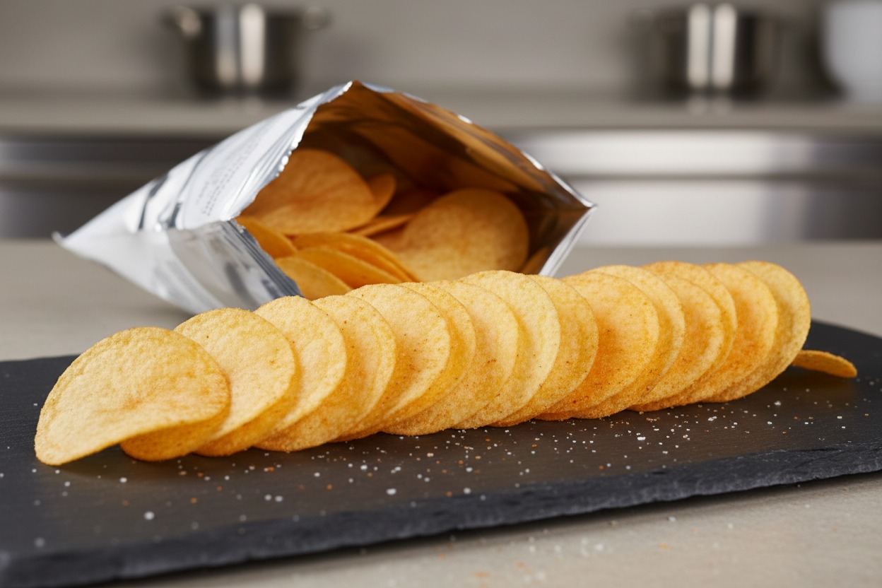 A row of seasoned potato chips is arranged on a black slate board in front of an open snack bag.