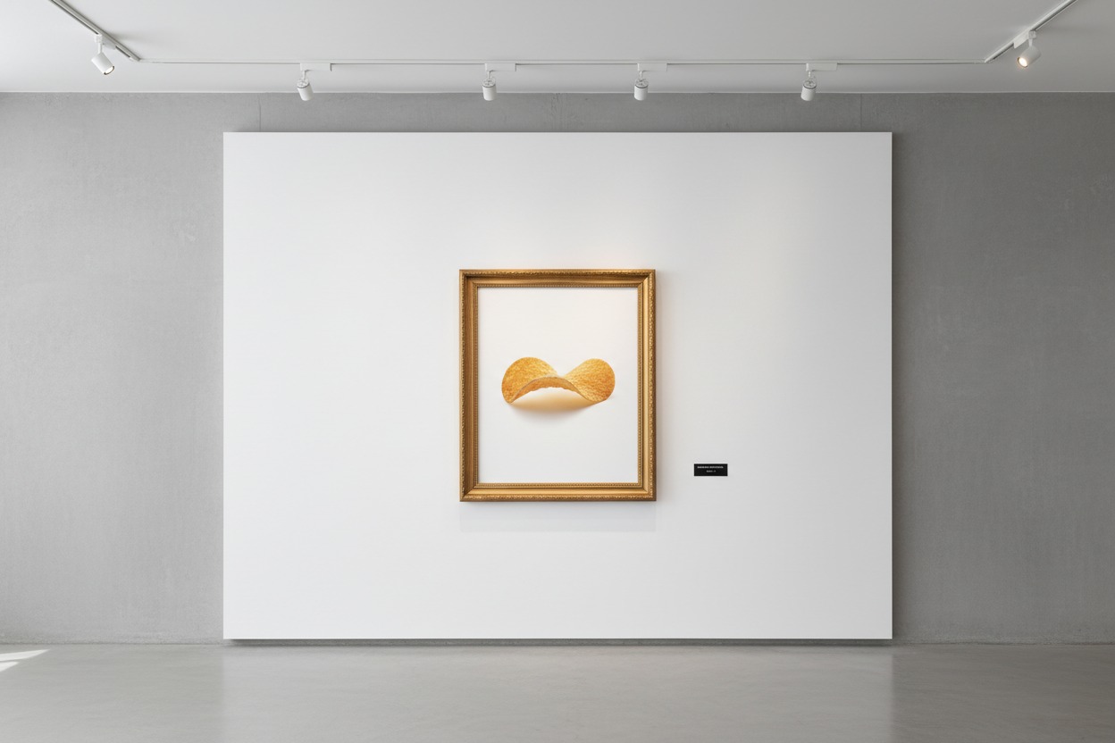 A single potato chip is displayed inside an ornate gold frame on a white gallery wall.